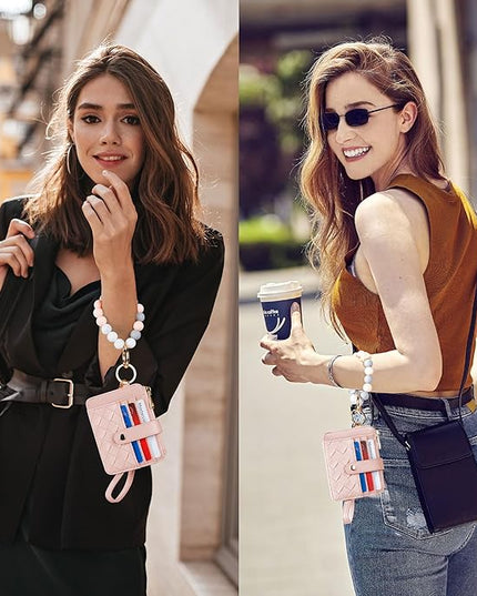 Keychain Wallet with Bracelet RFID Blocking Wristlet Credit Purse Card Holder, Silicone Bead Tassel Key Ring for Women