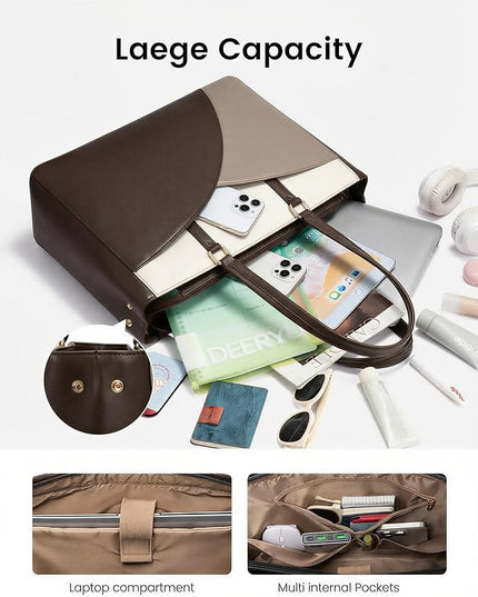 LOVEVOOK Laptop Bag for Women,15.6 Inch Work Teacher Bags Leather Tote Bag for Women Briefcase for Women Waterproof Computer Bag for Women，White Chestnut Curry
