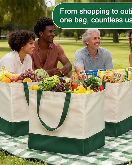 3 Pcs Reusable Grocery Bags - Heavy Duty Canvas Bag, 8.3 gal Foldable Large Canvas Tote Bag with Handles, Holds 60 lbs Tote Shopping Bags,100% Cotton（Retro Green）