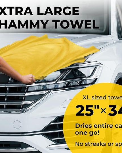 Premium XL Shammy Towel for Car - 2pk (34”x25”) - Super Absorbent Chamois Cloth - Spots & Scratch-Free - Reusable Car Drying Towels