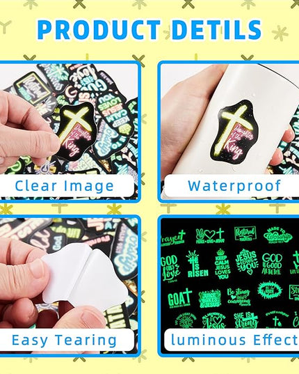 70 Pcs Glow in The Dark Neon Christian Bible Kids Stickers, Jesus Christ Faith Vinyl Waterproof Water Bottle Decals, Teens Adults Religious Christianity Christmas Thanksgiving Decor