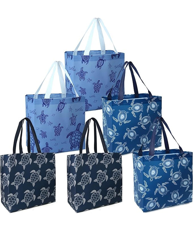 BeeGreen Sea Turtle Reusable Shopping Bags For Groceries 6 Pack- Large Foldable Tote Bags- Strong Handles for Heavy Groceries, Perfect for Supermarket, Farmers Market, and Storage Organization