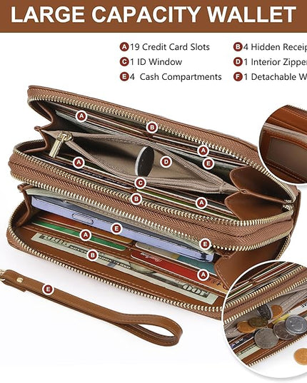 yiijay Womens Wallet RFID Blocking Large Capacity Leather Double Zip Wristlet Wallet Credit Card Phone Holder Ladies Clutch Purse Flora
