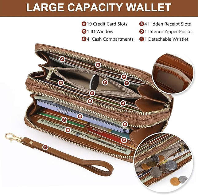 yiijay Womens Wallet RFID Blocking Large Capacity Leather Double Zip Wristlet Wallet Credit Card Phone Holder Ladies Clutch Purse Flora