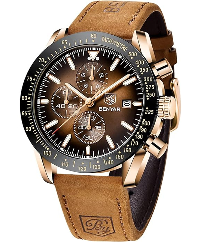 BY BENYAR Watch for Men Analog Quartz Chronograph Waterproof Luminous Designer Mens Wrist Watches Business Work Sport Casual Dress Watch with Silicone Strap Elegant Gifts for Men