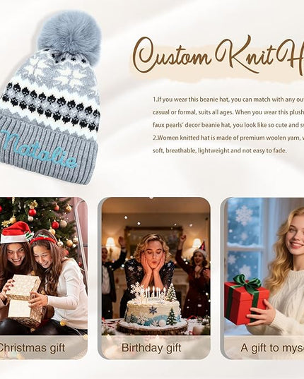 Personalized Beanie for Women Custom Knit with Name, Winter Hat with Pom Pom, Soft Lined Warm Hat, Birthday Gift