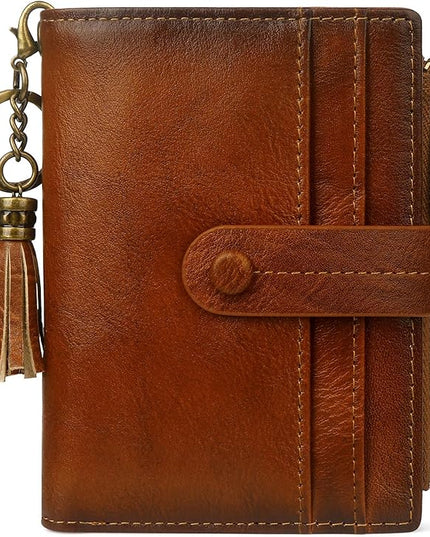 Blucoay Leather Wallet Women,RFID Blocking Small Wallets for Women Compact Bifold Wallet Card Holder With Zipper Coin Pocket Brown