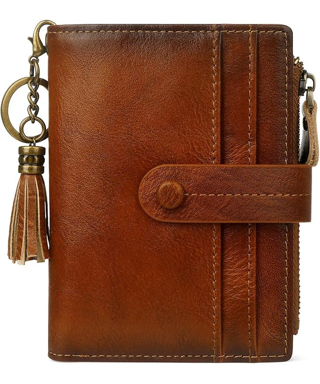 Blucoay Leather Wallet Women,RFID Blocking Small Wallets for Women Compact Bifold Wallet Card Holder With Zipper Coin Pocket Brown