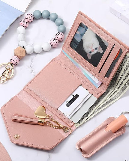 Weewooday Wristlet Bracelet Keychain Wallet Gift for Women Christmas Small Silicone Beaded Keyring Purse Leather Card Holder(Pink)