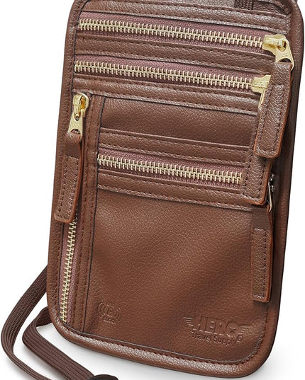 HERO Neck Wallet, RFID Blocking Passport Holder, Vegan Leather Travel Pouch (Brown)