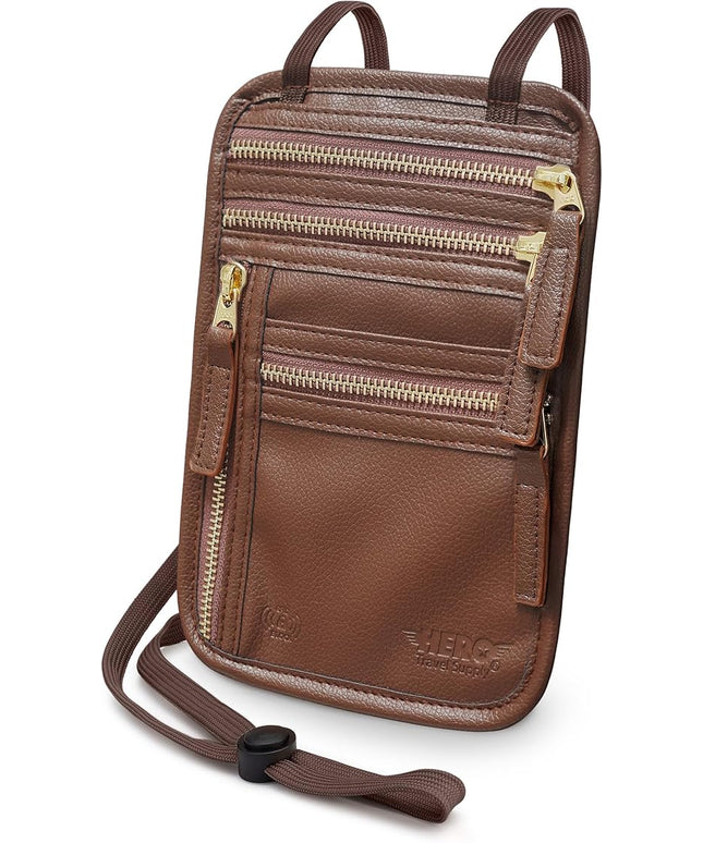 HERO Neck Wallet, RFID Blocking Passport Holder, Vegan Leather Travel Pouch (Brown)