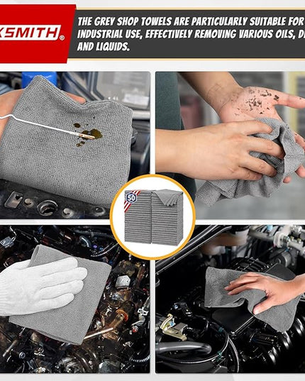 FIXSMITH Microfiber Cleaning Cloth, Shop Towels Bulk, 24 Pack Grey Microfiber Towels for Cars, All-Purpose Absorbent Cleaning Rags, Dust Cloth for Automotive, Mechanic, Garage, Bar, 12 x 11 inch