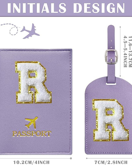 COSHAYSOO Purple Passport Cover and Initial Luggage Tag Set TSA Approved with Preppy Chenille Letter Patch for Women Girl Friends, Trendy Travel Bag Backpack Suitcase Identifier Thanksgiving Gifts (R)