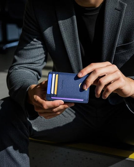 Buffway Slim Minimalist Front Pocket RFID Blocking Leather Wallets for Men and Women - Cross Blue