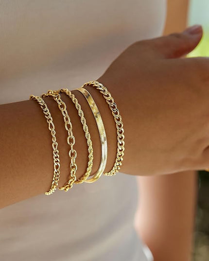 Gold Bracelets Set for Women Stack, Dainty Thick Bracelets Stack for Women Trendy, Simple Thin Gold Plated Cuff Stackable Bracelets With Beaded Cuban Paperclip Snake Rope Bangle Hand Chain Jewelry Gifts for Women Non Tainish
