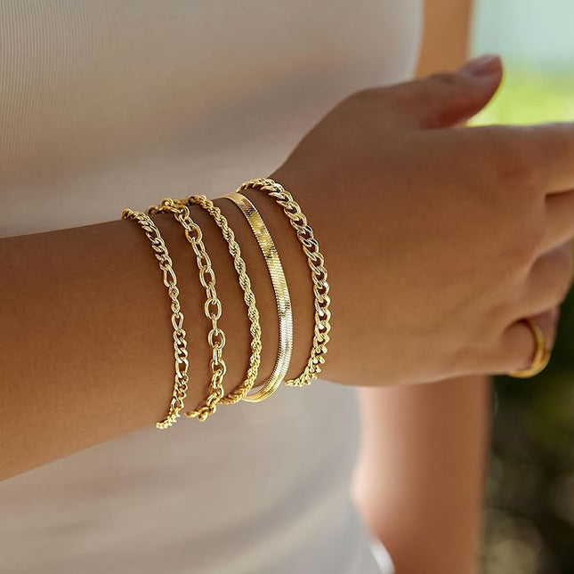 Gold Bracelets Set for Women Stack, Dainty Thick Bracelets Stack for Women Trendy, Simple Thin Gold Plated Cuff Stackable Bracelets With Beaded Cuban Paperclip Snake Rope Bangle Hand Chain Jewelry Gifts for Women Non Tainish
