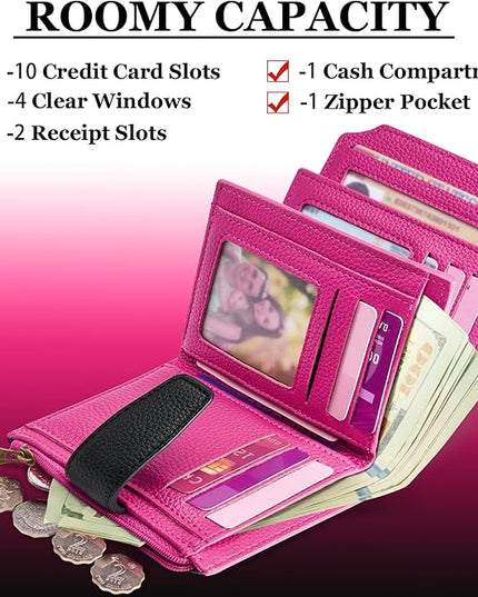 Airkit Small Wallet Women RFID Blocking Soft Leather Bifold Compact Card Holder Wallet for Women with Zipper Coin Pocket 4 ID Window