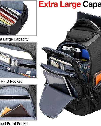 KROSER Travel Laptop Backpack 18.4 Inch XXXL Gaming Backpack with Hard Shell Saferoom RFID Pockets Water-Repellent Business College Daypack Stylish Laptop Bag for Men/Women-Black Grey