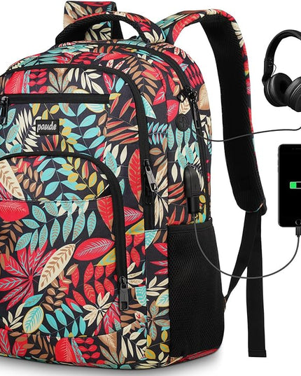 Paude Backpack Leaf Printing,Casual Backpack Bookbag Laptop Backpack with USB for College School Students Work Office Business