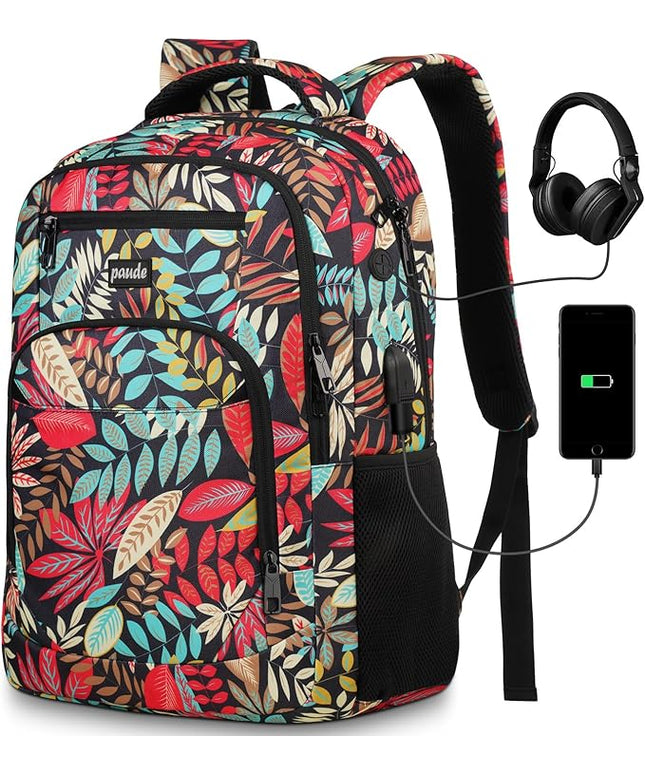 Paude Backpack Leaf Printing,Casual Backpack Bookbag Laptop Backpack with USB for College School Students Work Office Business