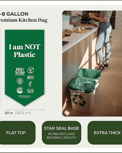 Medium Compostable Trash Bags - 6-8 Gallon, 100 Pack | Odorless, Plastic-Free & Decomposing Kitchen, Bathroom & Countertop Garbage Bag & Liners | Thick Bin Bags for Green & Food Waste