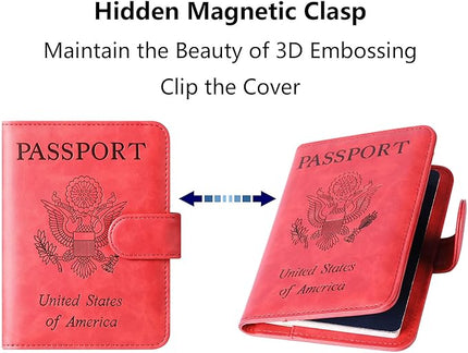 Passport Holder Cover Wallet Travel Essentials Leather Rfid Blocking Case Vacation Luggage Must Haves Travel Accessories for Men Women (120#Red)