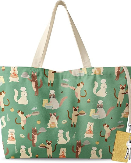 Large Tote Bag for Women - Aesthetic Cute Big Canvas Bags with Zipper Cotton Shoulder Bag for Gym, Travel, Work