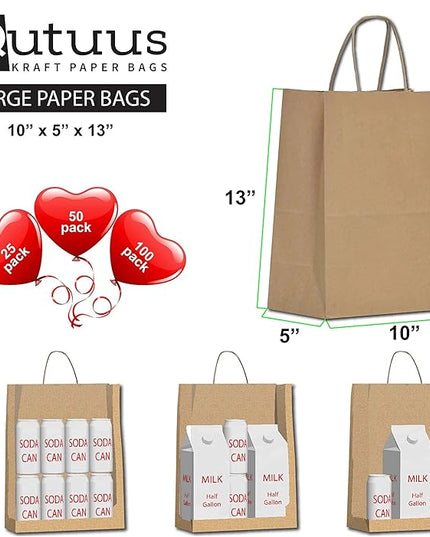 Qutuus Paper Bag with Handles, 400 Pcs 10x5x13 Inch Brown, Recycled Paper Gift Bags, Shopping Bags, Bulk, Eco-Friendly