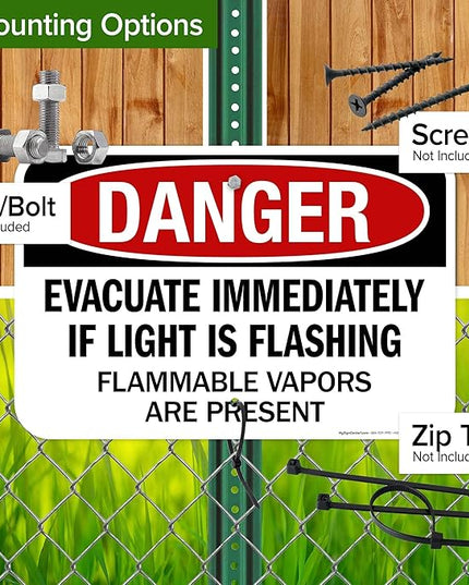 Danger Evacuate Immediately If Light is Flashing Flammable Vapors are Present Sign, 12x18 Inches, Rust Free .063 Aluminum, Fade Resistant, Made in USA by My Sign Center