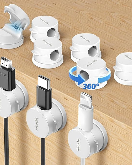 9 Pack Spring Cord Organizer Cable Clips [Locking Cable Rotatable], 2025 Latest Nearockle Phone Charging Cord Holder Cable Management for Car, Nightstand, Office Desk Accessories (White)