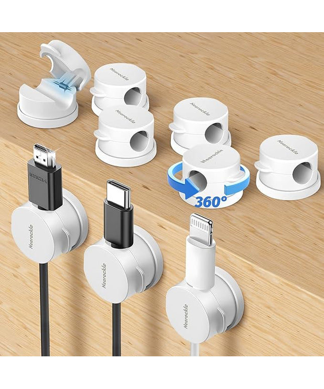 9 Pack Spring Cord Organizer Cable Clips [Locking Cable Rotatable], 2025 Latest Nearockle Phone Charging Cord Holder Cable Management for Car, Nightstand, Office Desk Accessories (White)