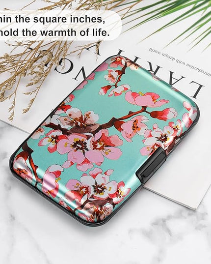 ELFISH Mini RFID Aluminum Wallet Credit Cards Holder Business Card Case Metal ID Case for Men Women（Pink Peach Blossom