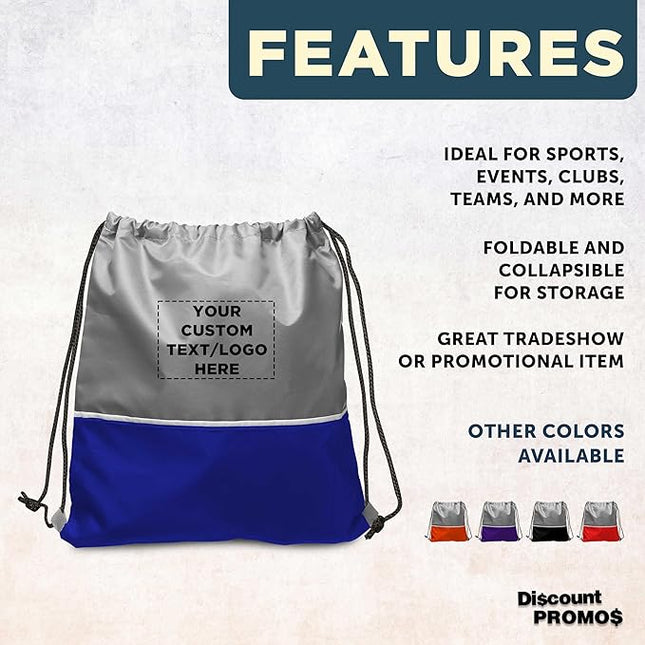 DISCOUNT PROMOS Custom Easy Go Drawstring Backpack Set of 10/50/100, Personalized Bulk Pack - Great for Travelling, Gym and for Everyday Use - Blue