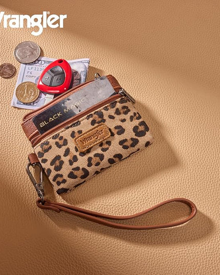 Montana West Wrangler Small Wallet for Women Leopard Print Wristlet Wallets Mini Change Pouch Brown