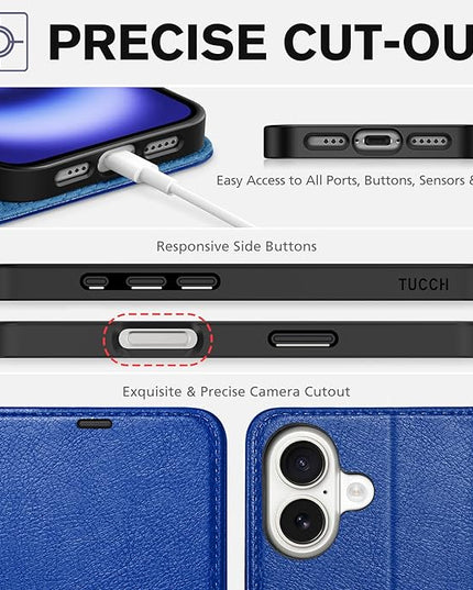 TUCCH Wallet Case for iPhone 16, Kickstand [RFID Blocking] [4 Card Slots] TPU Interior Protective Case, Magnetic Folio Shockproof PU Leather Flip Cover Compatible with iPhone 16 5G, Klein Blue