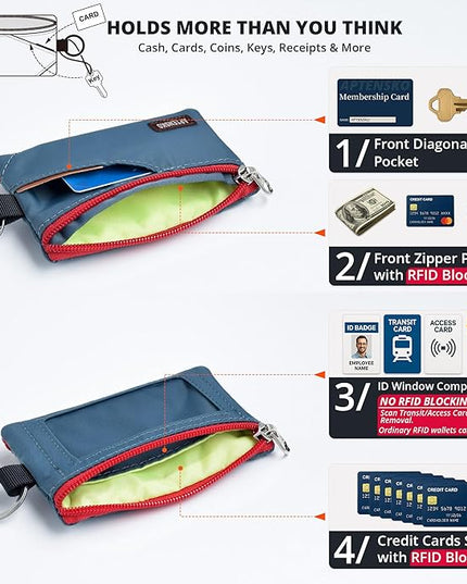 RFID Travel Wallet with Adjustable Lanyard-Zipper Small Wallet with ID Card Holder, Keychain for women&men-Minimalist Slim Waterproof Nylon case for ID, Cash, Key (Slate Blue)