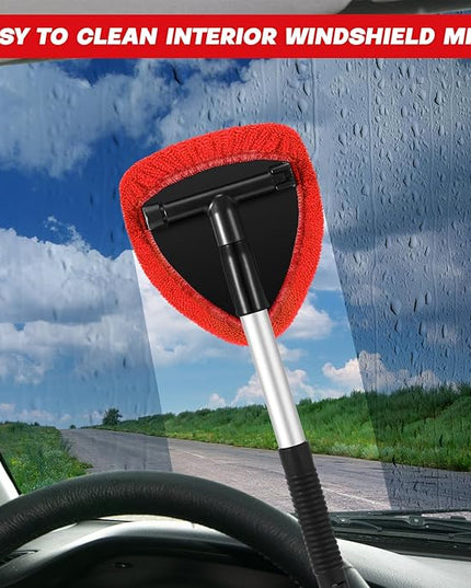 Baderke 10 Pcs Windshield Cleaner Tool Car Window Cleaning Supplies with Extendable Handle Include 6 Washable Microfiber Bonnets 2 Empty 60ml Spray Bottle Glass Wiper Kit(Red)