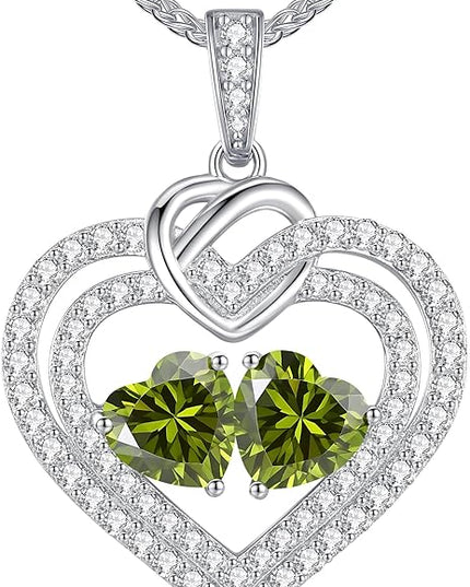 LOUISA SECRET Sparkling Double Heart Birthstone Necklaces for Women, 925 Sterling Silver Fine Jewelry, Pendant Heart Necklaces Birthday Anniversary Christmas Gift for Women Wife Mom Girlfriend Lady