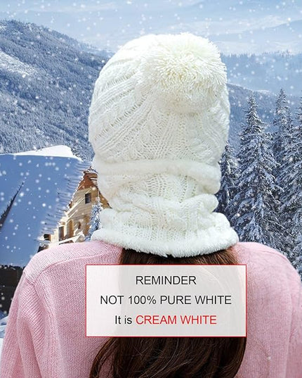 HUAMULAN Women Winter Beanie Hats One Piece Fleece Lined Knit Balaclavas Mask Set Skull Neck Circle Scarf Ski Snow Hat Pompom
