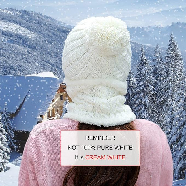 HUAMULAN Women Winter Beanie Hats One Piece Fleece Lined Knit Balaclavas Mask Set Skull Neck Circle Scarf Ski Snow Hat Pompom