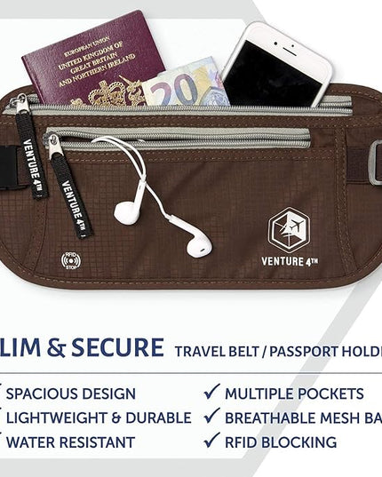 VENTURE 4TH Money Belt for Travel – Hidden Under-Clothes RFID Blocking Passport Holder & Slim Travel Wallet Pouch for Men & Women to Protect Cash, Cards & Documents (Brown)