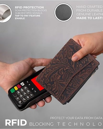 Oak Leathers Leather Wallet For Women - Small RFID Coin Purse Credit Card & ID Holder for Ladies, Gift for Women's, Bifold Wallets (Crazy Horse Brown Flower)