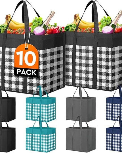 WISELIFE Reusable Grocery Shopping Bags 10 Pack Large Foldable Tote Bags Bulk, Eco Produce Bags with Long Handle for Shopping Groceries Clothes (Plaid B)