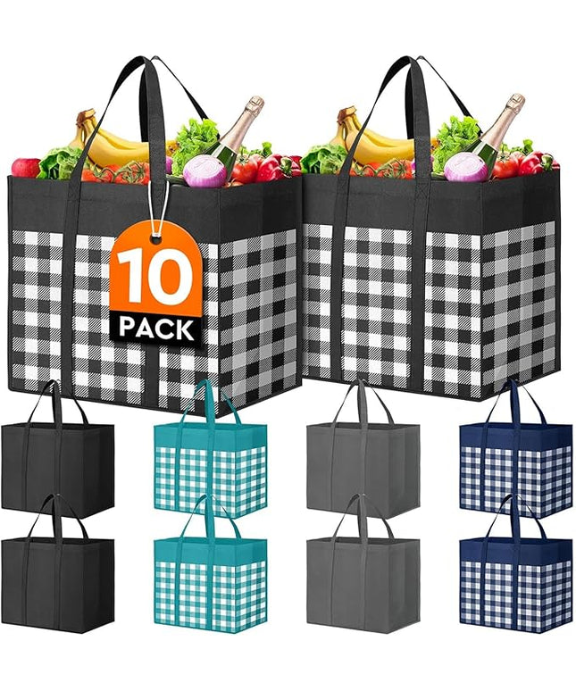 WISELIFE Reusable Grocery Shopping Bags 10 Pack Large Foldable Tote Bags Bulk, Eco Produce Bags with Long Handle for Shopping Groceries Clothes (Plaid B)