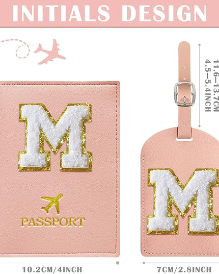COSHAYSOO Pink Passport Cover Case Holder and Luggage Tag Set for Travel Women Teenager Girls with Initial Monogrammed Letter, Personalized Traveler Gifts Traveling Essential Accessories M