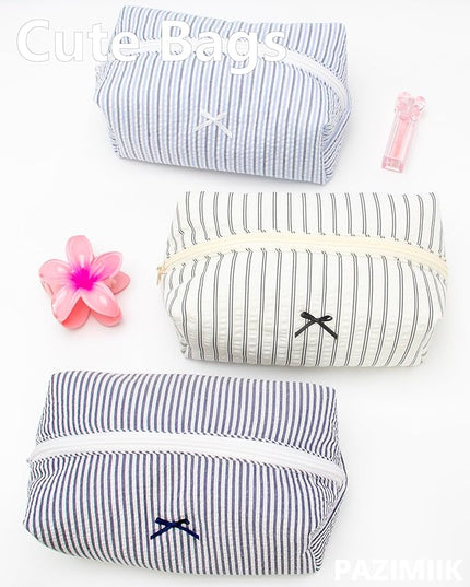 PAZIMIIK Cozy Makeup Bag Small Aesthetic Travel Zipper Cosmetic Pouch for Women Make Up Beauty Accessories Brushes, Stripe Black