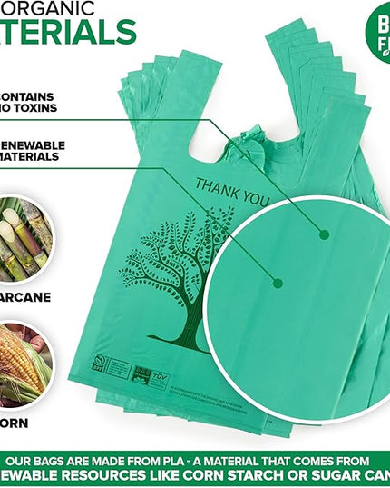 100 Pack Thank You Bags Disposable Eco Grocery T-Shirt Bag with Handles for Supermarket, Groceries, Produce, Shopping, Trash, Small Commercially Compostable Baggies Bulk