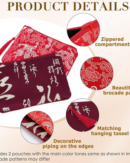 kilofly 2 pc Chinese Silk Brocade Padded Tassel Zipper Jewelry Bag Gift Pouch
