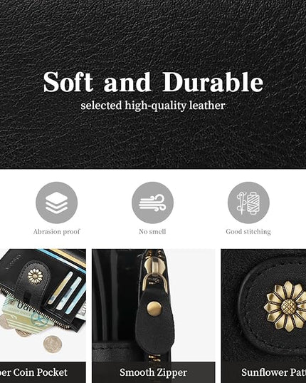 Blucoay Wallet Women,RFID Blocking Leather Womens Wallet Bifold Compact Card Holder Small Wallet for Women with Removable ID Window Black