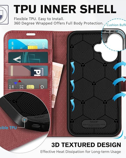 TUCCH Case Wallet for iPhone 16, [RFID Blocking] PU Leather Stand Folio Cover with 4 Card Slots [TPU Protective Interior Shell], Magnetic Flip Case Compatible with iPhone 16 5G 2024, Dark Red